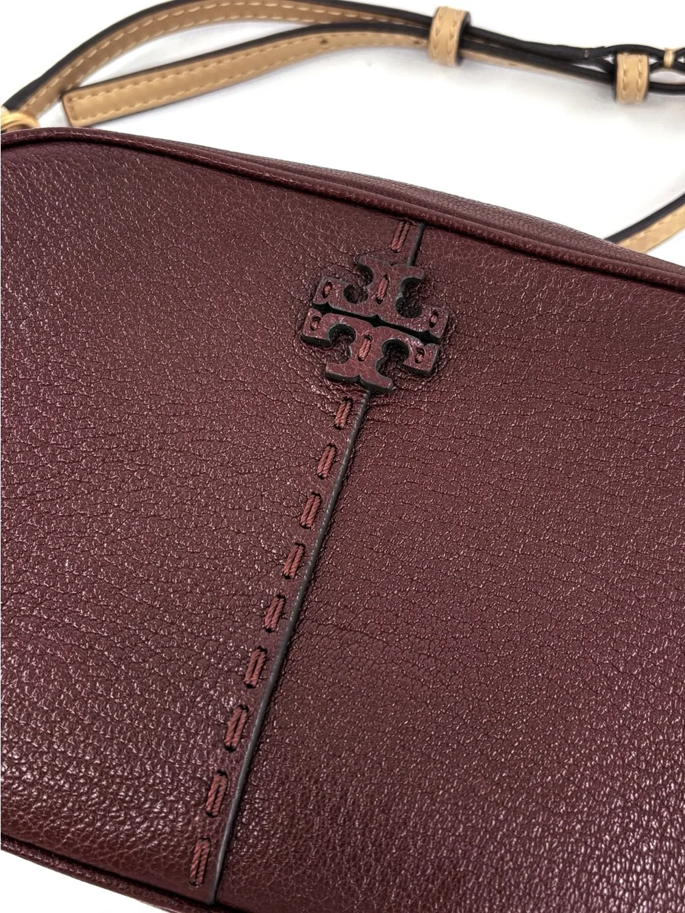 TORY BURCH McGraw Textured Leather Camera Bag in Wine Brown
